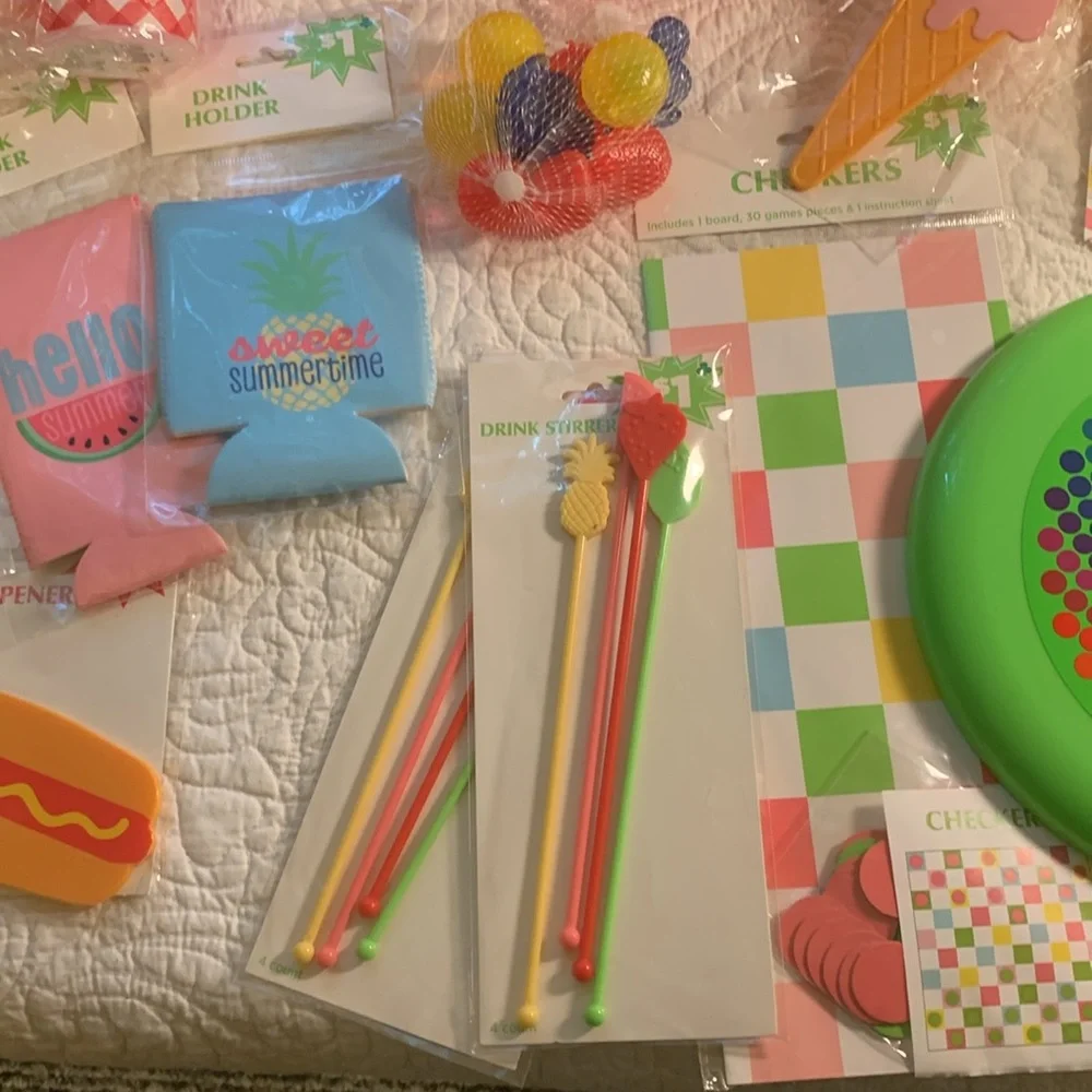 Summertime Party~Shower 27 Piece NEW Banners Hat Games ice cubes Frisbee & more